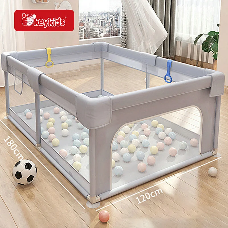 2026 New Gray Baby Playpen with Ball Pit, Large Square Activity Center with Hanging Toys for Toddler Safety W08M028
